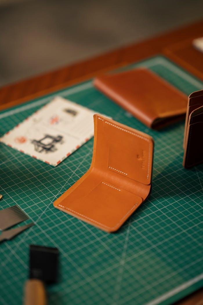 Close-up of handcrafted leather wallets on a green cutting mat, showcasing craftsmanship and design.